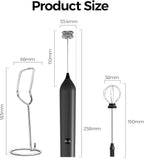 YARRAMATE Electric Milk Frother Wand with Stainless Steel Whisk and Stand, Fast Rechargeable Coffee Mixer with 3 Speeds, Handheld Drink Stirrer, Whisk Foam Maker for Lattes, Cappuccino, Matcha (Black)