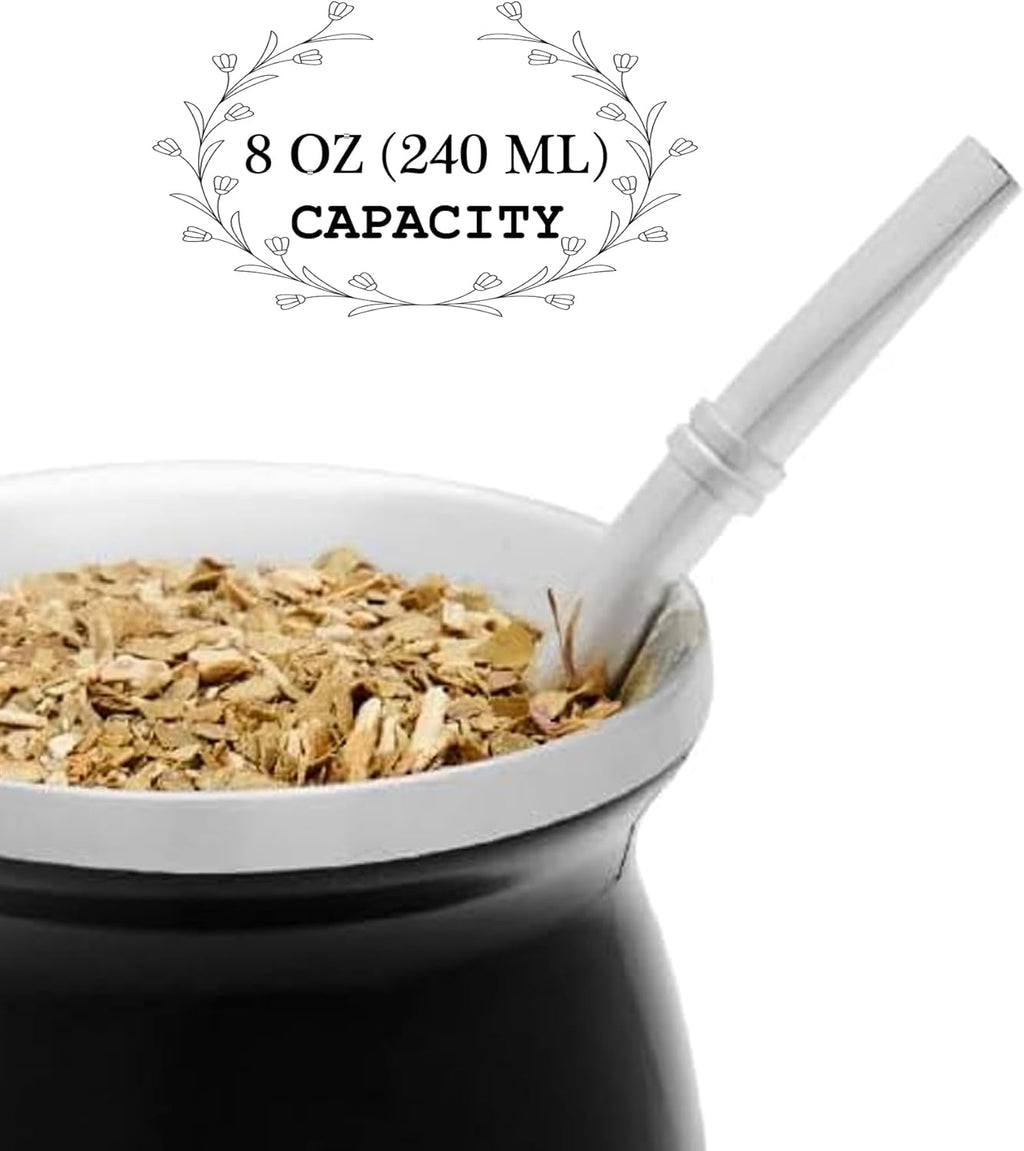 LA FEE Yerba Mate Natural Gourd/Tea Cup Set Brown (Original Traditional Mate Cup - 8 Ounces)，Includes Yerba Mate Straw & Cleaning Brush，Stainless Steel | Double-Walled | Easy to Clean (Black)