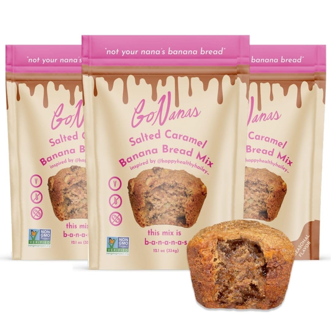GoNanas Salted Caramel Oat Flour Banana Bread Mix, Suitable for Plant Based Vegan Diets, Gluten Free Dairy Free Snacks, Healthy Snacks For Adults, Muffin Mix, Nut Free, Cupcakes Dessert, NON-GMO, 3pk