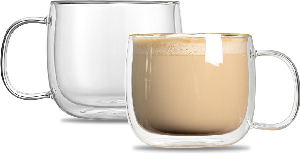 Restaurantware-Forma Professional 16.9 Ounce Double Wall Coffee Mugs, 12 Insulated Coffee Mugs With Handle - Dishwashable, Reusable, Clear Glass Beverage Cups, Freezable, For Hot Or Cold Beverages