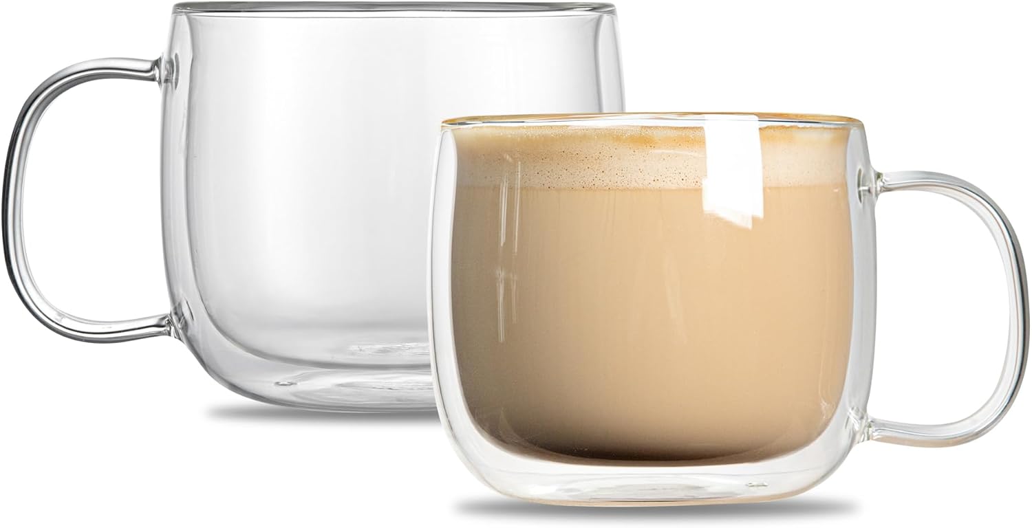 Restaurantware-Forma Professional 16.9 Ounce Double Wall Coffee Mugs, 2 Insulated Coffee Mugs With Handle - Dishwashable, Reusable, Clear Glass Beverage Cups, Freezable, For Hot Or Cold Beverages