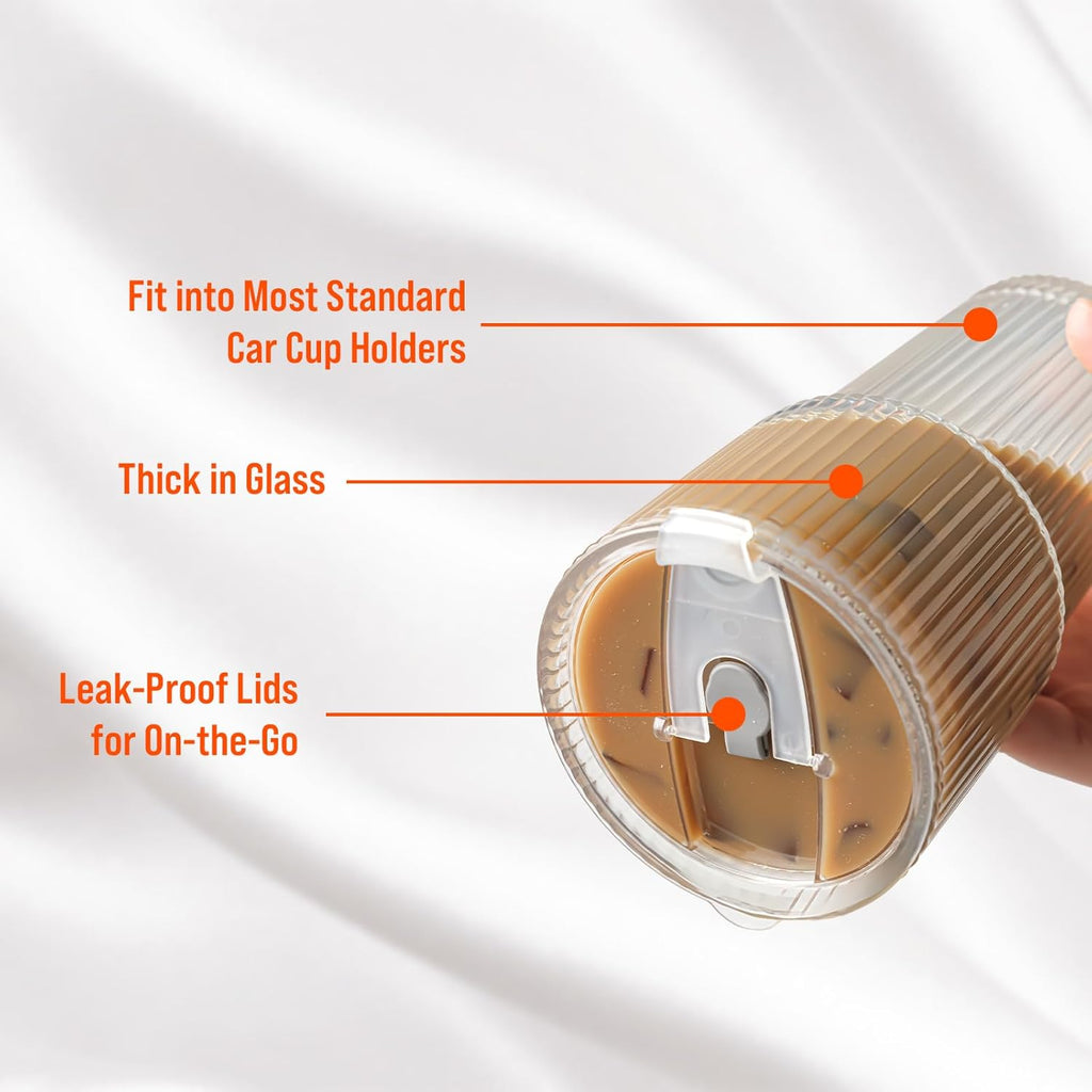 20oz Ribbed Glass Tumblers with Lids & Straws, Ideal for Iced Coffee, Cocktails & More - Includes Cleaning Brush