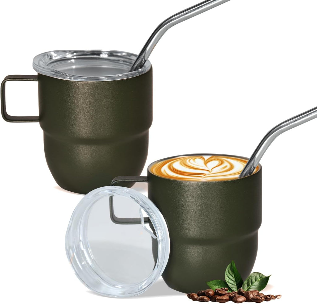 4oz Stackable Cup, Vacuum Insulated Espresso Cup Set of 2, Espresso Shot Mug for Coffee, Double Wall Stainless Steel Mini Tumbler Shot Glasses with Straw and Lid