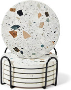 Absorbent Coaster Set of 6 with Holder, Drink Coasters for Coffee Table, Kitchen, Home Decor, Cute Ceramic Round Coasters, Alternative to Silicone, Cork or Glass Coaster (Granite with Black Holder)