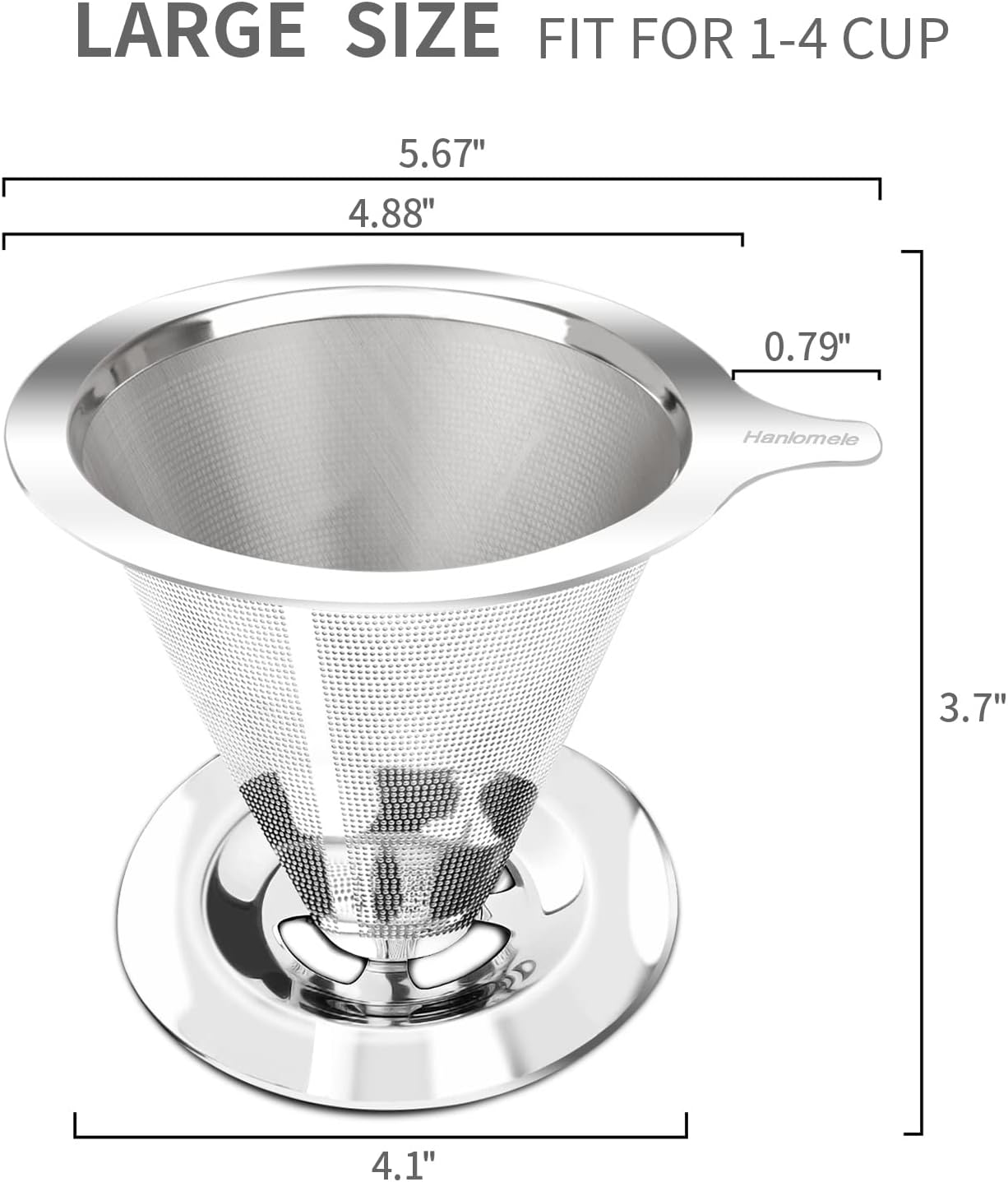 Pour Over Coffee Dripper, Paperless Reusable Coffee Filter, Pour Over Coffee Maker for Single Cup Brew, Double Mesh Design of Stainless Steel Cone Filter for Perfect Extraction (1-4 Cup)