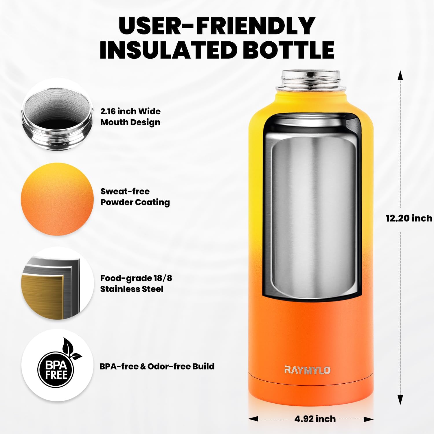 Insulated Water Bottle 87 oz, Triple Wall Vacuum Stainless Steel (Cold for 48 Hrs), Leak Proof & Non-BPA, Modern Water Flask Jug with Paracord Handle & Straw Spout Lids, Ombre Orange