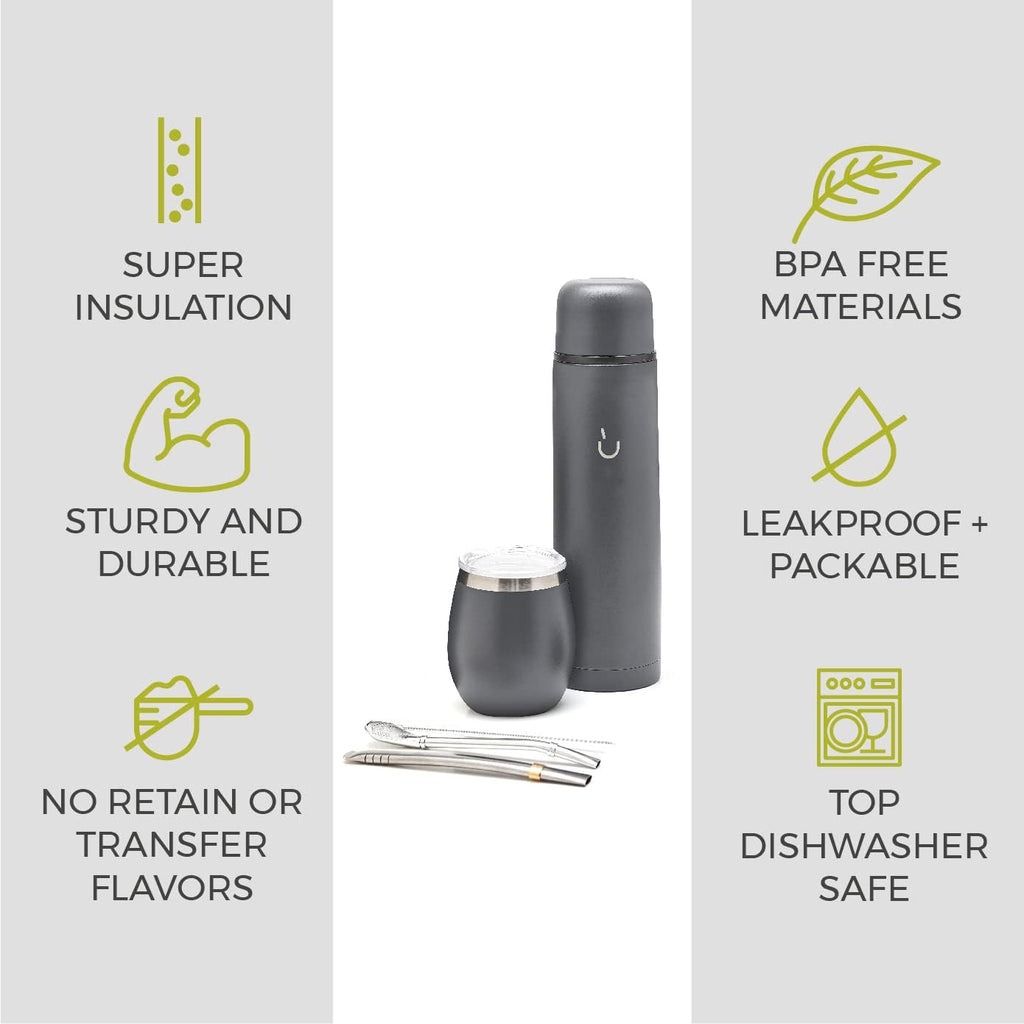 BALIBETOV Complete Yerba Mate Set - Modern Mate Gourd, Thermal Flask, Bombilla and Cleaning Brush Included - All Premium Quality 304 18/8 Stainless Steel (Gray)