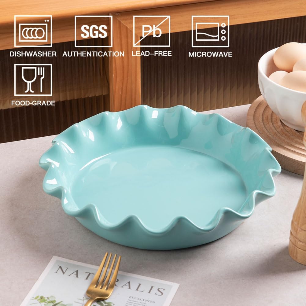 Sweejar Ceramic 11.5 Inches Pie Pan for Baking, Deep and Fluted Porcelain Round Pie Dish, Non-Stick Pie Plate for Pumpkin Pie, Apple Pie, Pie Pots with Morden Farmhouse Design(Turquoise)
