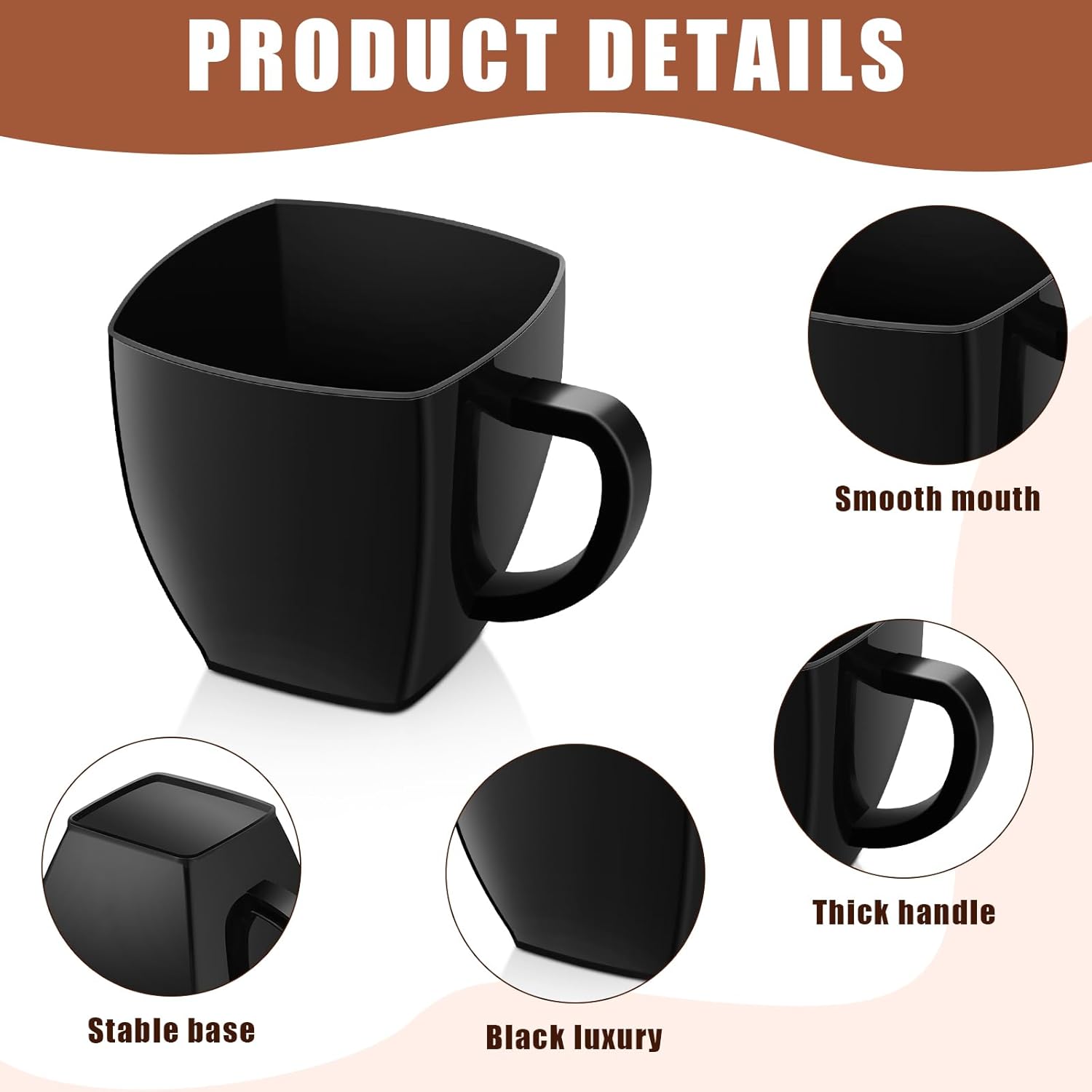 Amyhill 50 Pcs Disposable Tea Cups Mini Plastic Tea Cup Bulk with Handle Hard Plastic Coffee Mug Disposable Square Espresso Mug for Party Catering (Black)