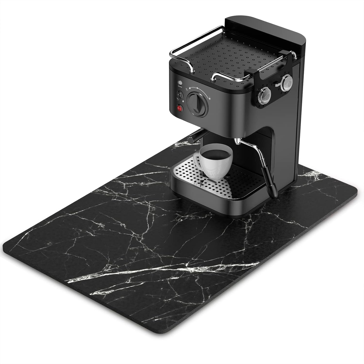 Rnivvi Coffee Mat, 16" x 24" Cute Marble Style Coffee Bar Mats for Espresso Machine Station Accessories and Organizer, Hide Stain Rubber Backed Absorbent Dish Drying Pad for Kitchen Counter, Black