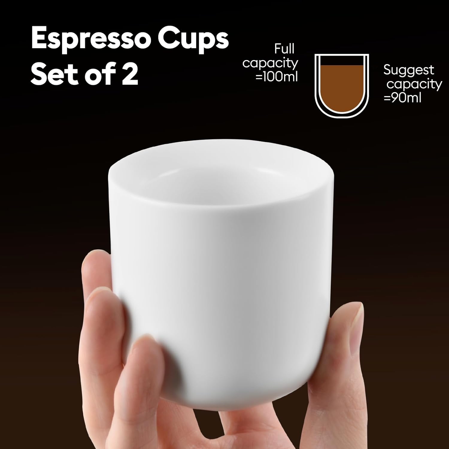 A set of 2 matte white ceramic espresso cups, thickened cup walls, slanted mouth design, each with a capacity of 3 ounces, hand washable only
