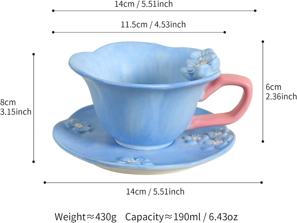 Floral Tea Cups and Saucers, Ceramic Cute Coffee Mug for Women Tea Party, Cappuccino Latte Milk (Blue)