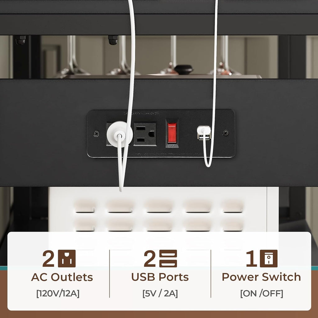 Itaar Bakers Rack with Power Outlet and LED Light, 45.3 Inch Farmhouse Coffee Bar Cabinet, Kitchen Microwave Stand with Storage, Glass Cabinet, Goblet Holder and 8 Hooks, Black