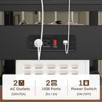 Itaar Bakers Rack with Power Outlet and LED Light, 45.3 Inch Farmhouse Coffee Bar Cabinet, Kitchen Microwave Stand with Storage, Glass Cabinet, Goblet Holder and 8 Hooks, Black