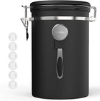 HAIOOU Large Coffee Canister, 38OZ Oversized Stainless Steel Coffee Bean Storage Container with Date Tracker, Measuring Scoop, CO2 Releasing Valves for Beans, Grounds and more - Black