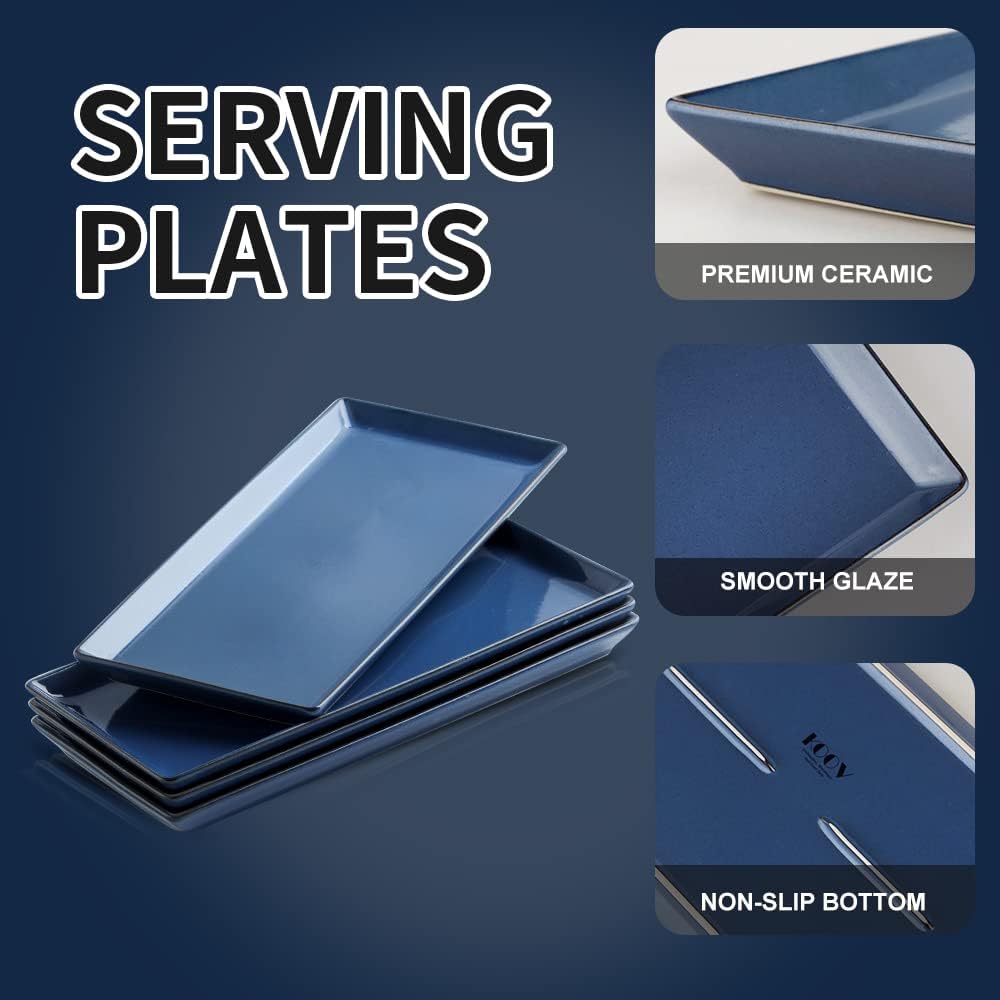 KOOV Ceramic Serving Tray, 14 Inches Large Serving Platter, Rectangular Serving Tray, Porcelain Serving Plates, Ceramic Serving Dishes for Dinner, Party, Sushi, Dessert, Food, Set of 4 (Stone Blue)
