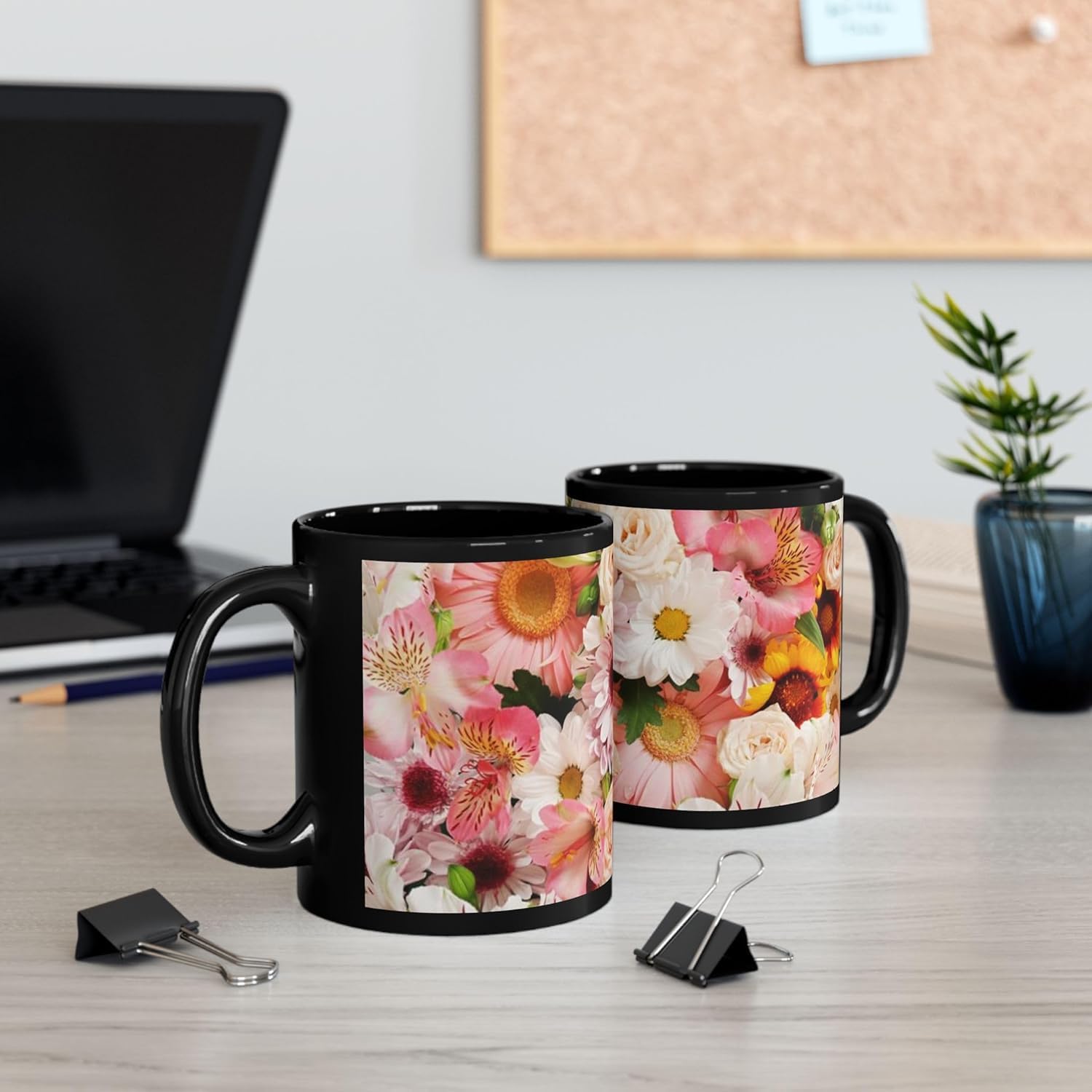 11 OZ Novelty Coffee Mugs - Christmas Gift (Black Floral Mug)
