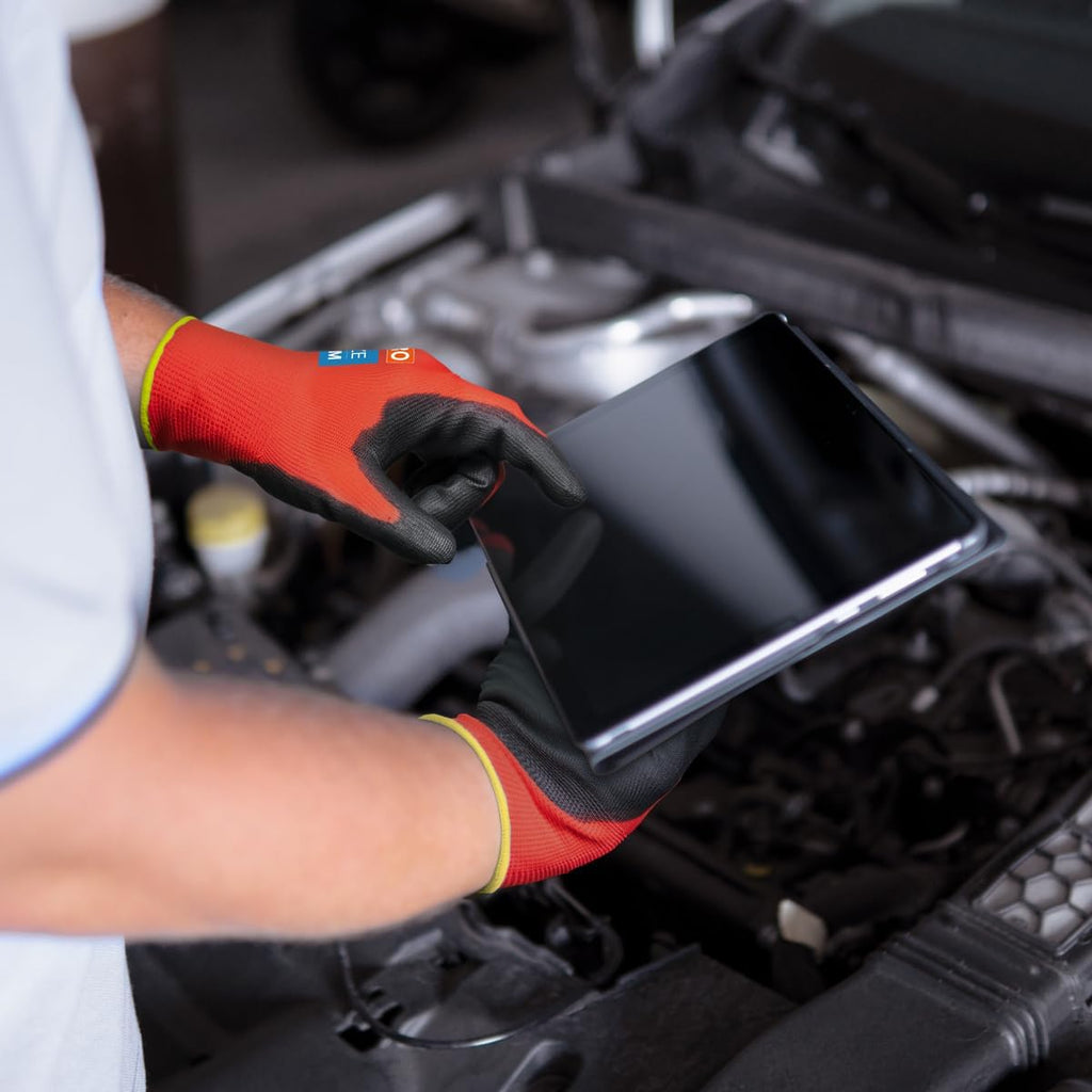 KAYGO Safety Work Gloves PU Coated for Men and Women- KG11P,12 Pairs,Seamless Knit Glove with Two Fingers Touchscreen,Ideal for General Duty Work (Red,XL)