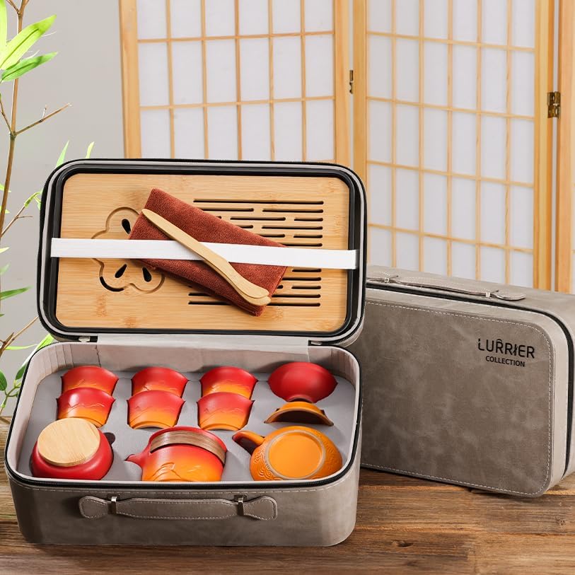 LURRIER Gongfu tea sets, Portable Ceramic TeaSet, Asian Tea sets for adult, Tea Gift sets, Grey leather case, Portable Travel Bag,Home,Gifting,Outdoor and Office(XRed and Orange)