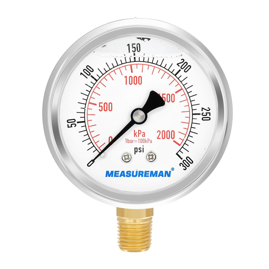MEASUREMAN 2-1/2inch Dial Size, Glycerin Filled Pressure Gauge, 0-300psi/kpa, 304 Stainless Steel Case, 1/4 inchNPT Lower Mount