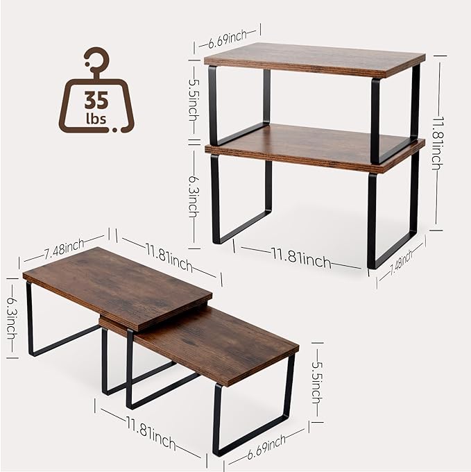 Cabinet Organizer Shelf, Set of 2 Expandable Kitchen Countertop Shelves with Spice Rack - Stackable Storage in Metal and Wood15.7 inches (Brown)