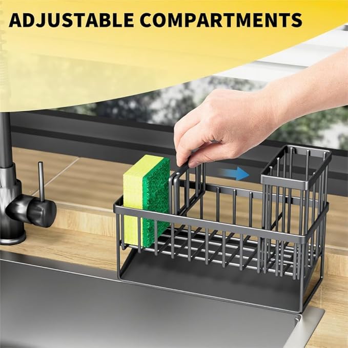 Cisily Sink Caddy Organzier with High Brush Holder, Sponge Holder for Sink, 304 Rustproof Stainless, Kitchen Countertop Soap Dispenser Organizer, Dark Gray Kitchen Decor and Accessories