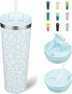 BJPKPK 26oz Tumbler With lid And Straw Stainless Steel Travel Coffee Mug Insulated Tumblers Cups,Light Blue Leopard