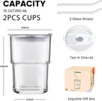 2PCS Glass Cups With Lids And Straws, Iced Coffee Cup,15Oz/450ml Iced Coffee Glasses Tumbler, Thick Wall Glass Mug For Tea Water, Matcha Cup Chirstmas Gifts (Clear, 2PCS)