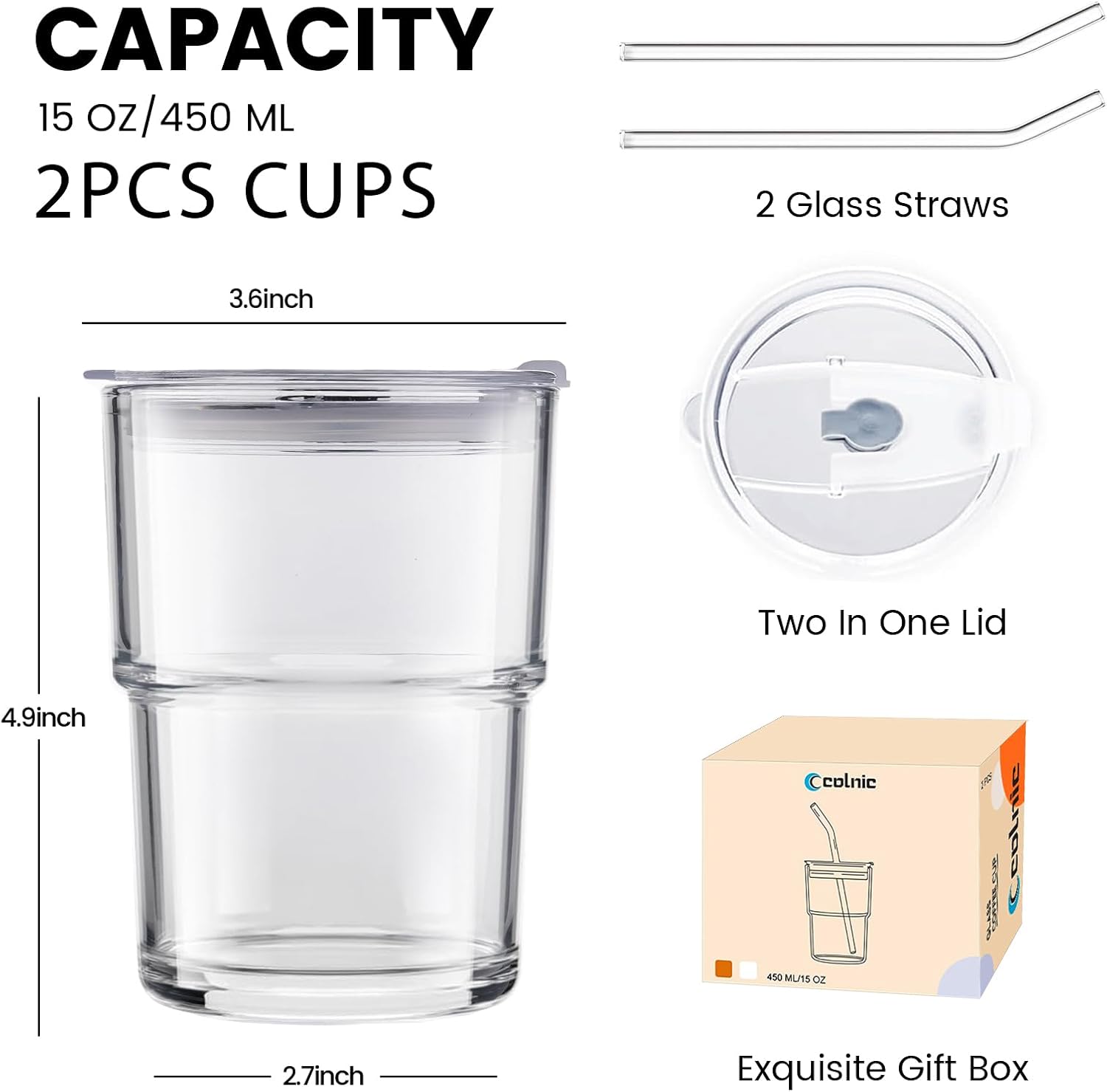 2PCS Glass Cups With Lids And Straws, Iced Coffee Cup,15Oz/450ml Iced Coffee Glasses Tumbler, Thick Wall Glass Mug For Tea Water, Matcha Cup Chirstmas Gifts (Clear, 2PCS)