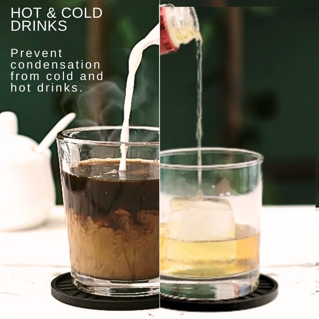 Silicone Black Coasters Set of 6 with Gold Holder - Coffee Table Decor for Home and Office, Durable and Stylish Coaster Set for Protection and Aesthetic Appeal