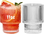 Ribbed Glassware Set of 2, 11oz Clear-Short Origami Style Drinking Glass Cup, Iced Coffee, Cocktail, Beer, Juice Drinking Glasses