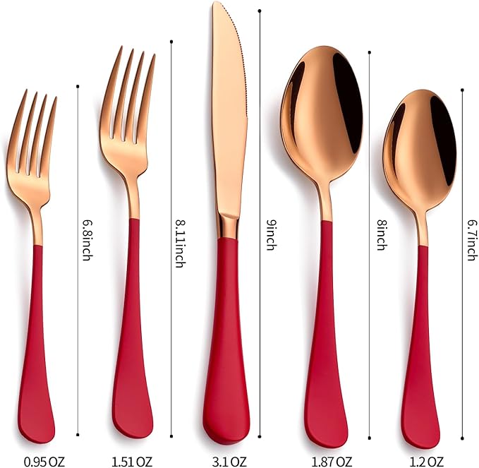 20-Pieces Rose Gold and Red Silverware Sets for 4,Red Handle Stainless Steel Cutlery Set, Include Forks Spoons and Knives Set, Dishwasher Safe Utensil Sets for Home Restaurant