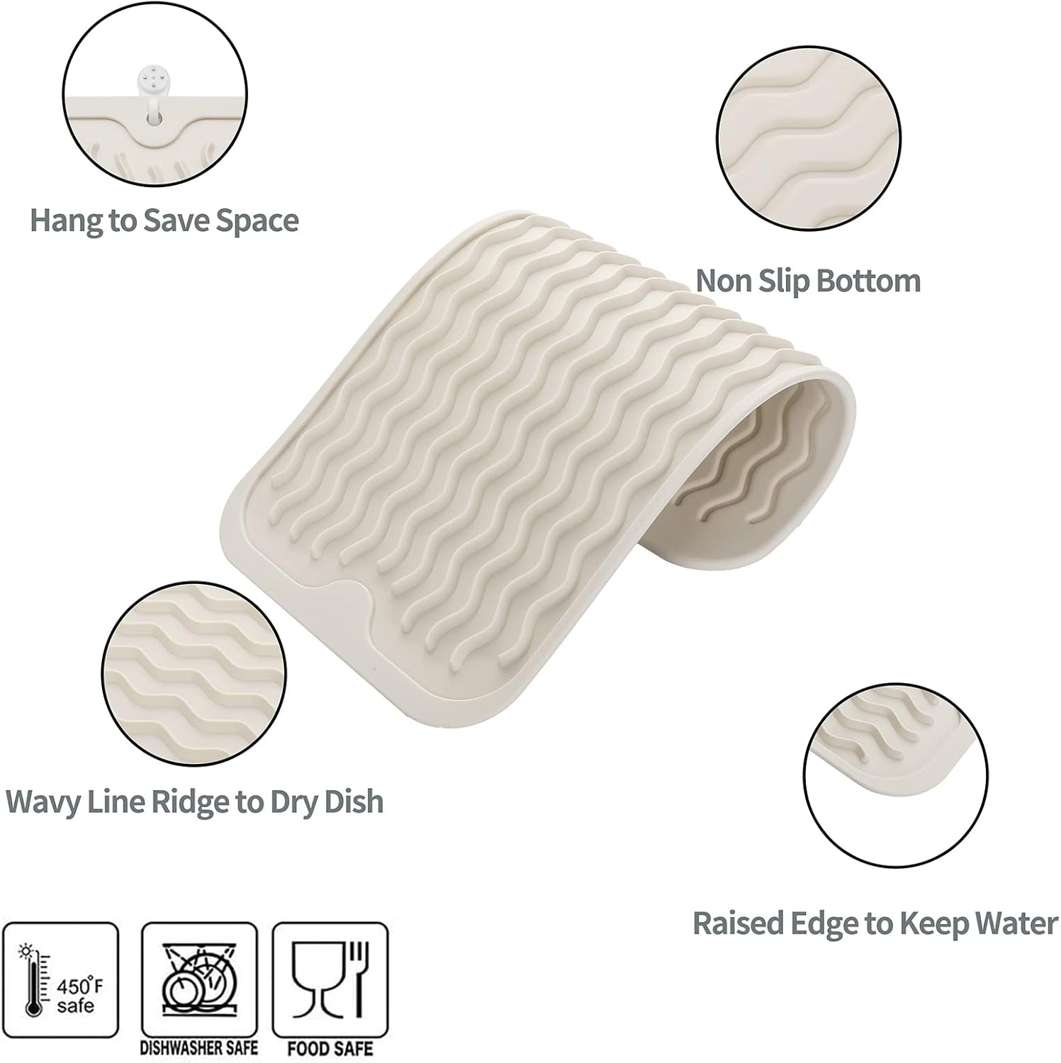 Silicone Dish Drying Mat for Multiple Usage,Easy clean,Eco-friendly,Heat-resistant Silicone Mat for Kitchen Counter or Sink,Refrigerator or Drawer Liner Tapioca S 12 inches x 6 inches