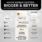 Bulk 20g White Edible Glitter for Drinks | Premium Edible Glitter for Cakes, Cocktails, White Cake Decorating Decorations Food Grade, Vegan, Kosher, Halal, Gluten Free - Made in USA