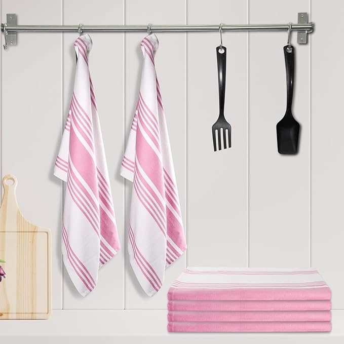 Urban Villa Kitchen Towels 100% Cotton Pack of 3, Highly Absorbent Quick Drying Super Soft Premium Dish Towels for Kitchen with Hanging Loop Hand & Tea Towels - 20x30 Inch, (Pink & White, Striped)