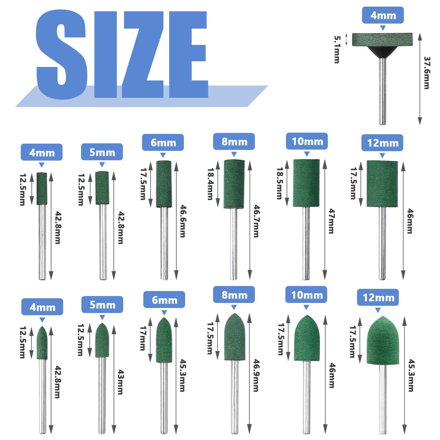 Mesee 39Pcs Rubber Polishing Bit Set, Assorted Grinding Head Buffing Wheel 13 Sizes Buffer Abrasive Bits 3mm Mandrel Bullet Cylinder Disc Shaped Polishing Burrs Bit Kit for Rotary Tools - Green
