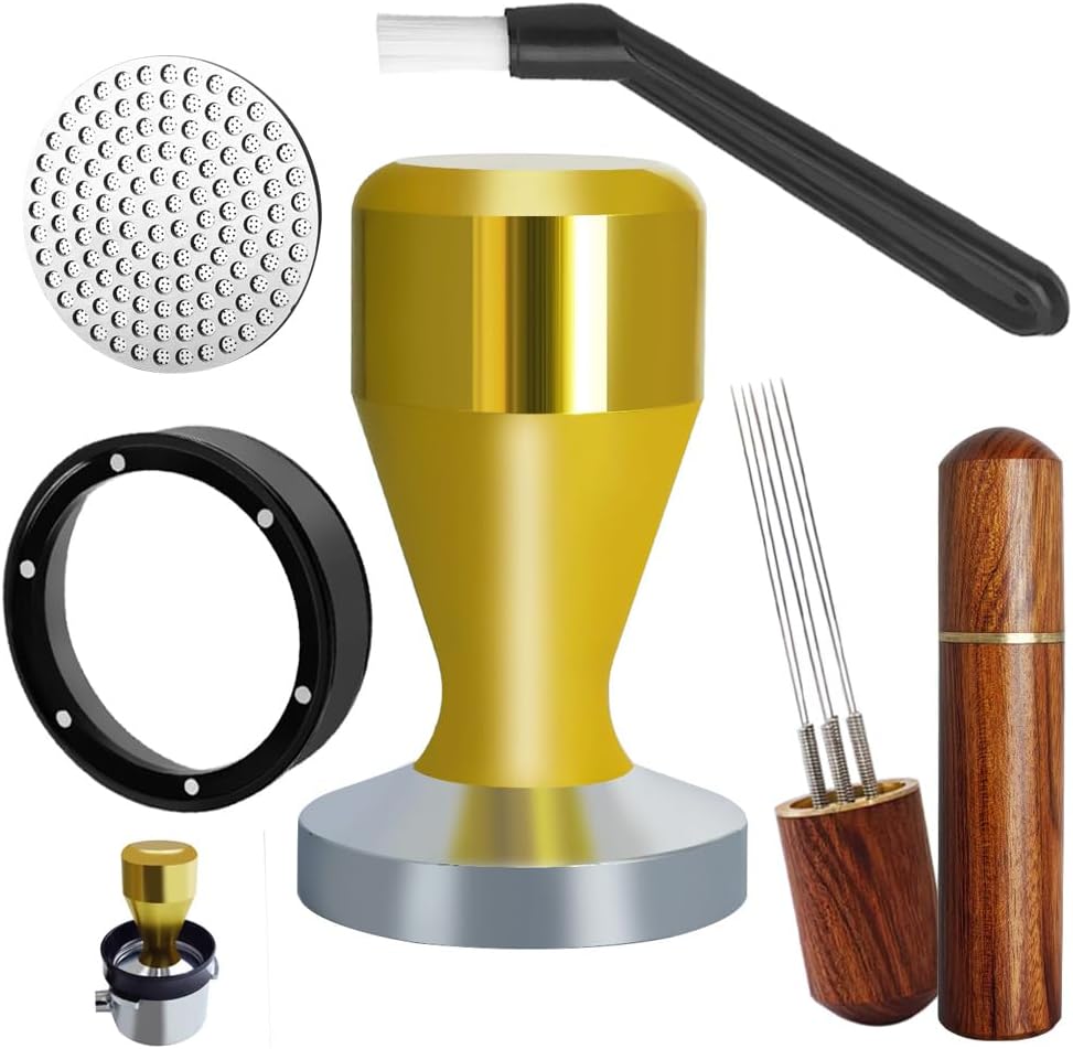 51mm Espresso Tamper Set, 5PCS Coffee Tamper Kit with WDT Tool, Coffee Stirrer, Dosing Funnel, Puck Screen 51mm Espresso Accessories Tampers Kit (Gold)