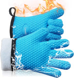 Kitchen Oven Gloves - Dual-Layer Heat Resistant Grilling Gloves, Silicone Oven Mitts with 5 Fingers, Waterproof Non-Slip Pot Holder for Barbecue, Cooking, Baking (Small, Blue)