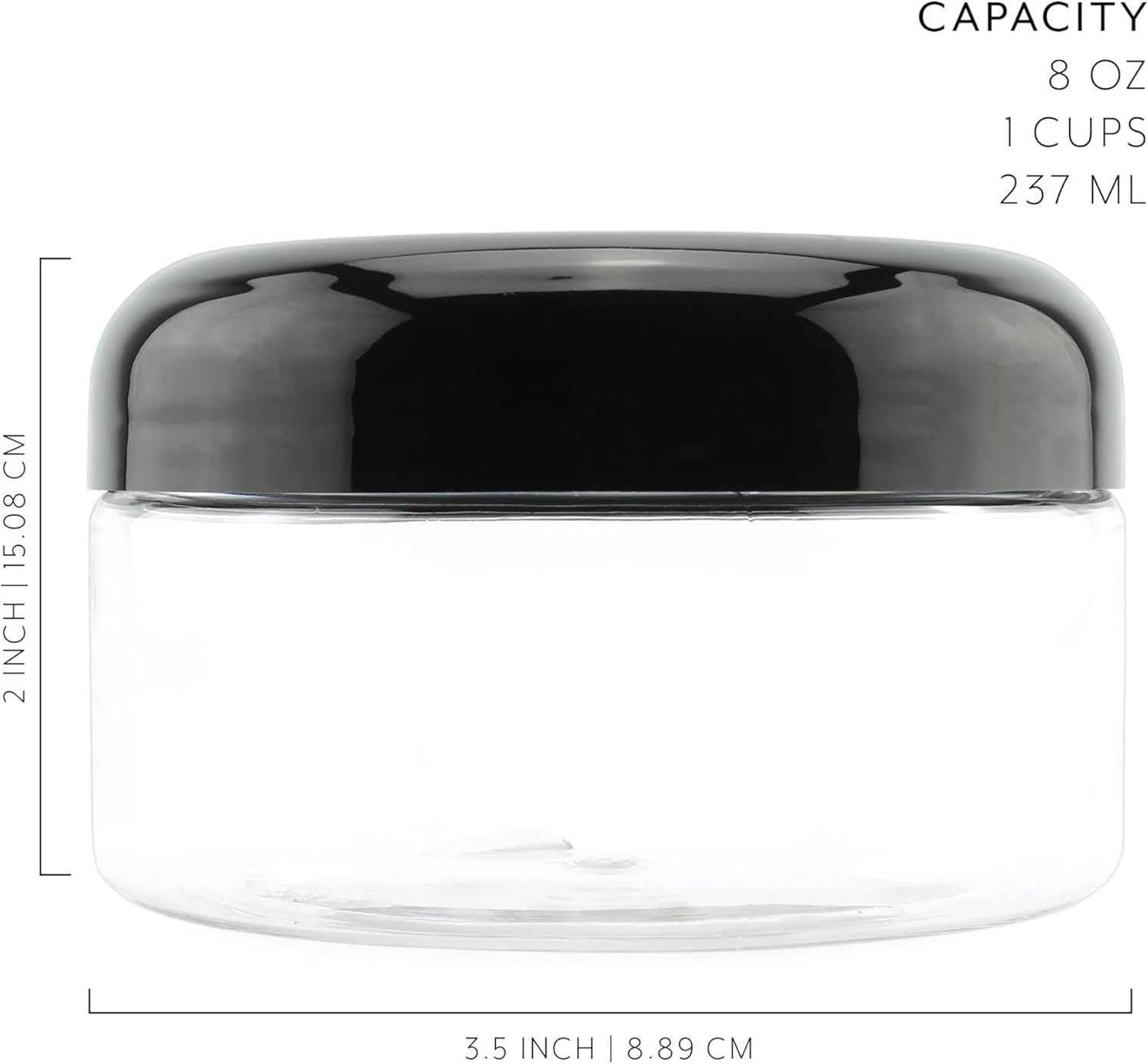 Cornucopia Brands 8oz Clear Plastic Jars w/Black Plastic Lids (6-Pack); BPA Free PET Stackable Containers for Bathroom & Kitchen Storage & Cosmetics