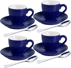 homEdge Porcelain Espresso Shot Cup Set with Saucers and Stainless Steel Spoons - 80 ml / 2.67 oz, Set of 4, Navy