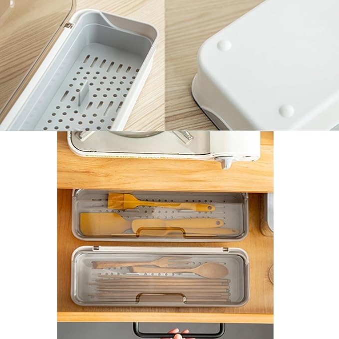 Large capacity Plastic Kitchen Drawer Organizer with Lid and Drainer Stackable Utensil Holder for Countertop Silverware Tray Flatware Organizers - 12.6x4.7x2.4 Inch Spatula Cutlery Tray