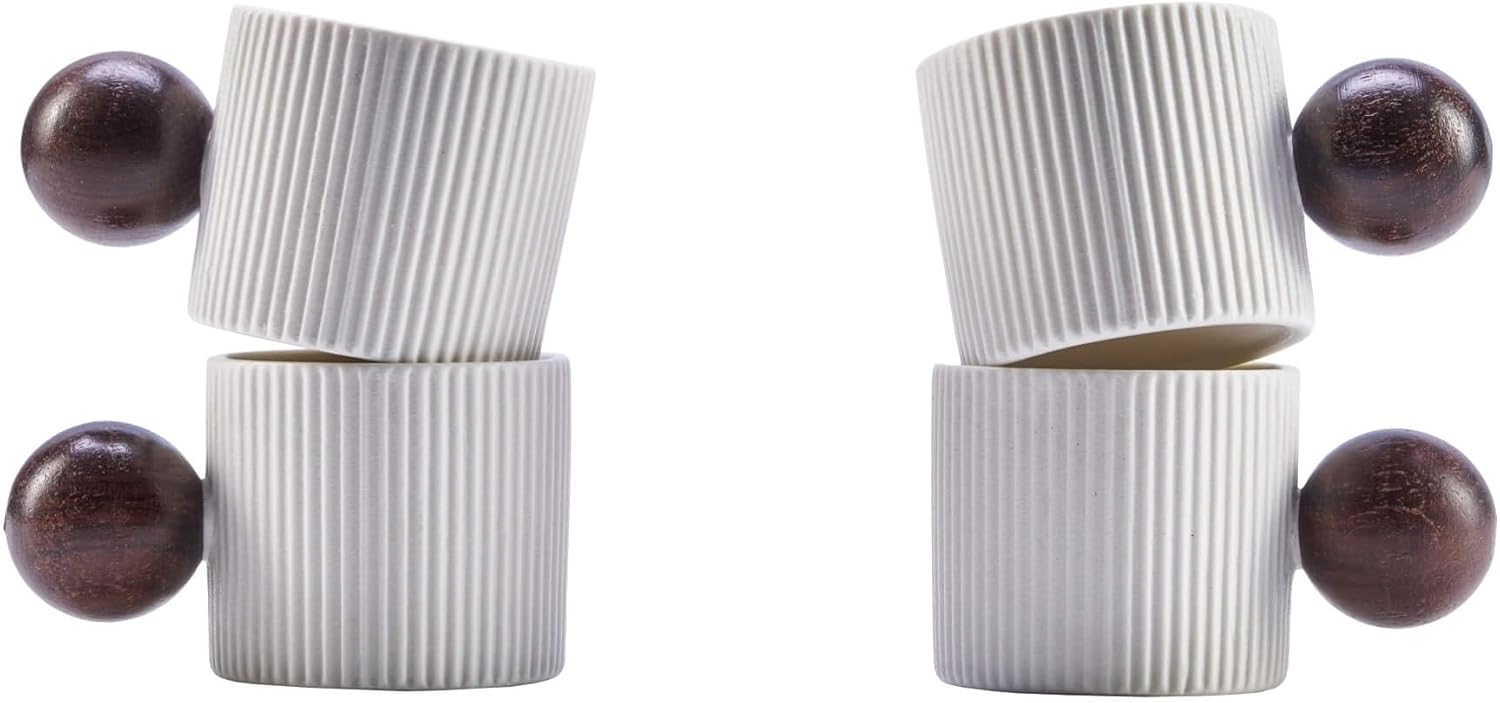 Ceramic Mini Espresso Cups Demitasse Cups with Round Wooden Handle Vertical Stripes Tea Cups (white, 4pcs)