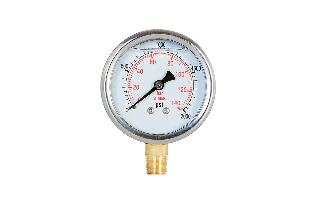 Pressure Gauge,Glycerin Liquid Filled,2.5" Dual Scale Dia,0-2000 psi/bar/kpa,1/4" NPT Male Brass Connection,Lower Mount, Stainless Steel Case,for Pneumatic,Pump,Hose,Well Tank,Gas Air Water Oil