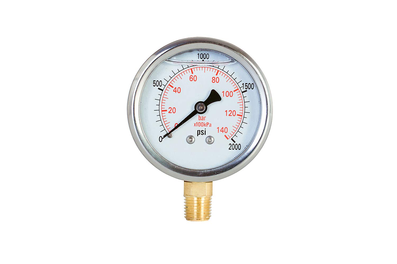 Pressure Gauge,Glycerin Liquid Filled,2.5" Dual Scale Dia,0-2000 psi/bar/kpa,1/4" NPT Male Brass Connection,Lower Mount, Stainless Steel Case,for Pneumatic,Pump,Hose,Well Tank,Gas Air Water Oil