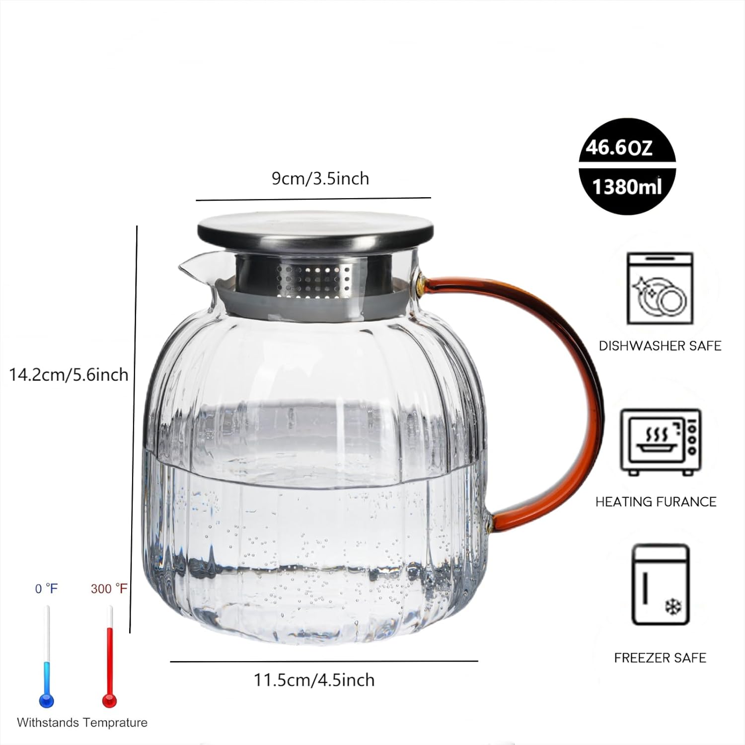 Glass Pitcher,46.7 oz/1380 ml,Hand Blown Glass Water Pitcher with Lid for Juice,Coffee, Tea, Milk, Hot Water and Iced tea,Father's Day Gifts
