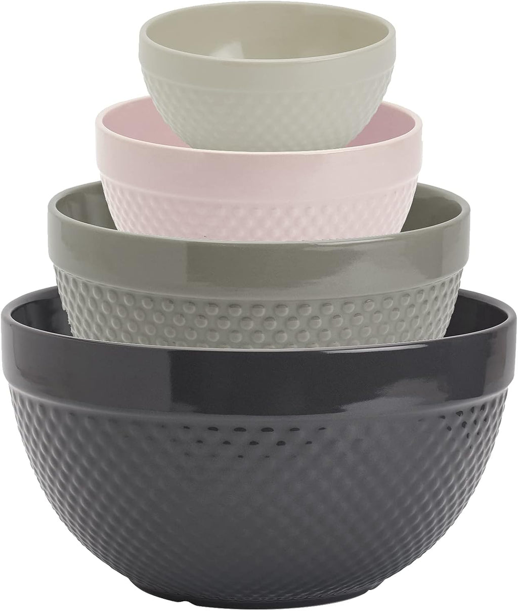 TTU Tabletops Gallery Hobnail Style 4 Piece Timeless Grey Stoneware Nesting Mixing Bowl Set for Baking and Cooking