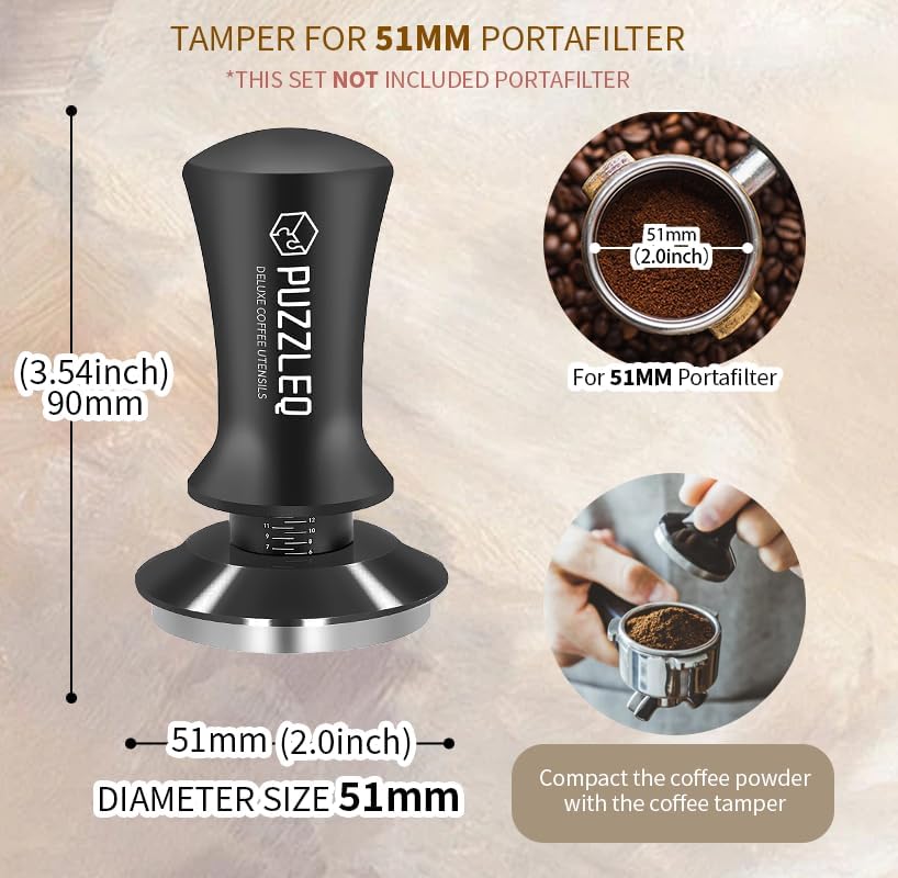 51mm Espresso Accessories Kit, Spring Loaded Calibrated Tamper,mat，WDT Tool，Dosing Funnel，Puck Screen kit，Basket Removal Tool ，Cleaning ClothSet， Fits Espresso Coffee Machines and 51 mm Portafilters