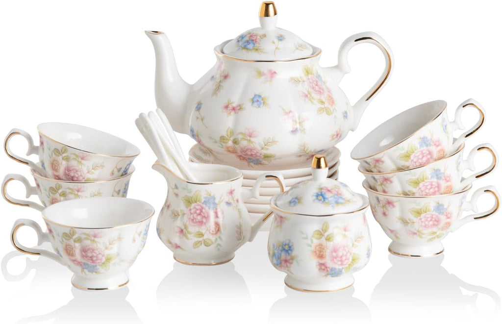 Sweejar Porcelain Tea Sets, Vintage British Floral Relief Gold Rimmed Teapot Cup and Saucer Set, Tea Set Service for 6, with Teapot, Sugar Bowl, Milk Jug, Spoons, Tea Cup and Saucer (Small Flower)
