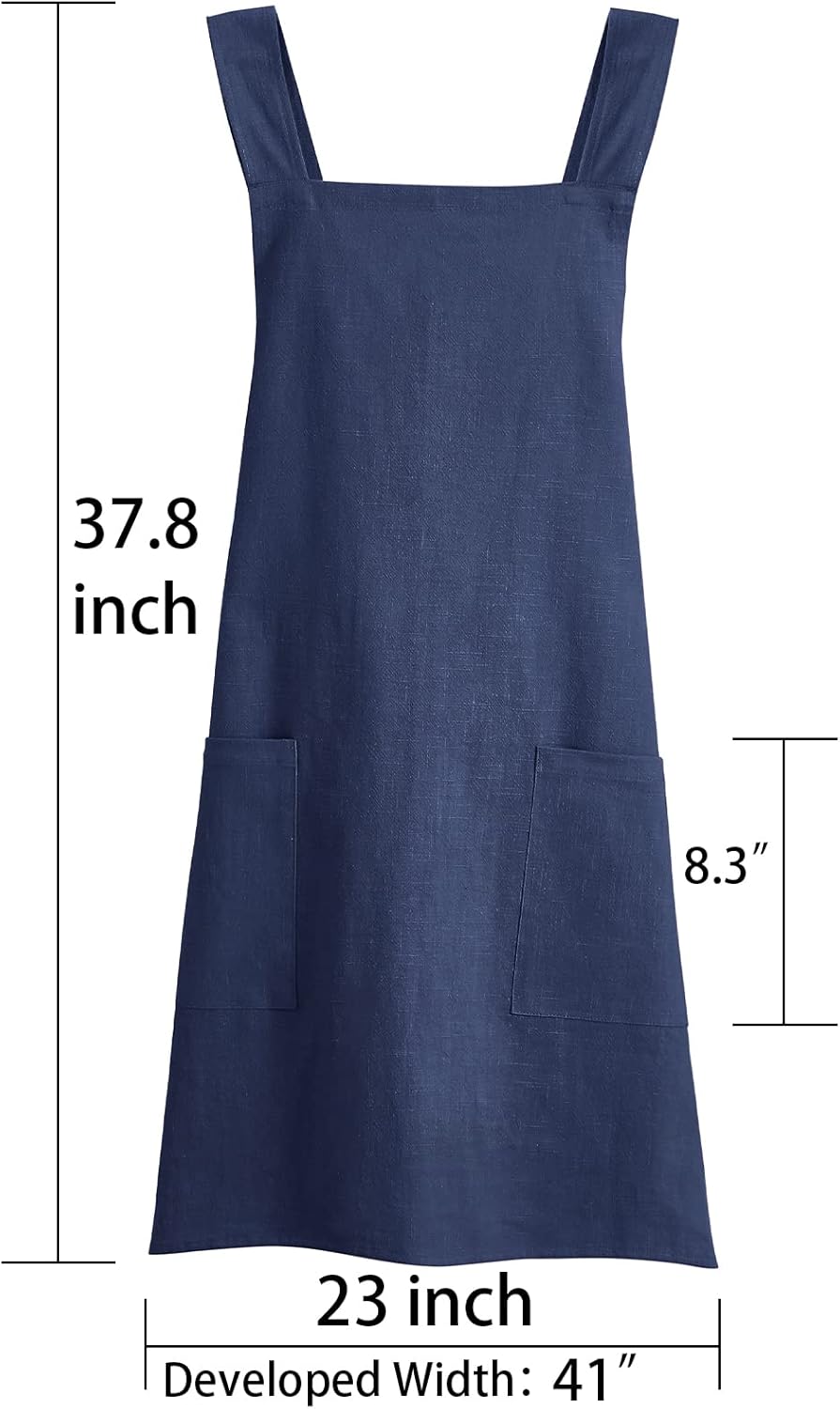 Soft Cotton Linen Apron for Women - Non-tie Cross Back Apron with Pockets, Great for Florist and Kitchen