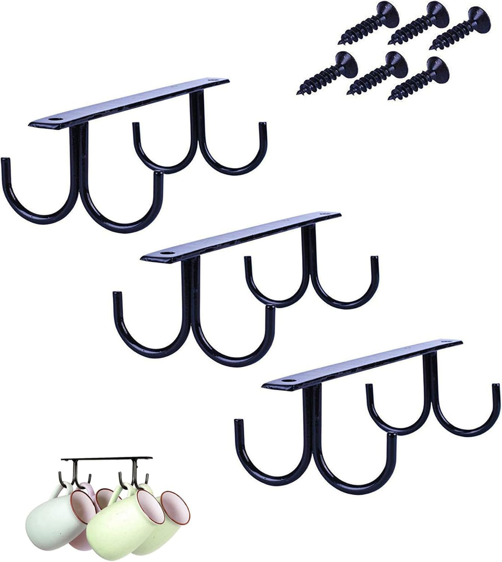 Mug Rack Under Cabinet 12 Mug Hooks Coffee Cup Holder Under Shelf Display Hanging Cups Organizer Hanger for Bar Kitchen Utensils - Black